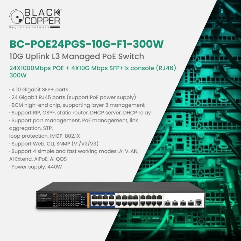 BlackCopper BC-POE24PGS-10G-F1-300W 24-Port Gigabit PoE Managed Switch with 4x 10G SFP+ Uplinks, 300W