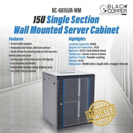 BlackCopper BC-6615UR-WM 15U Wall Mount Network Rack Cabinet, 600 x 600 x 769mm