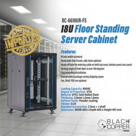BlackCopper BC-6618UR-FS 18U Free Standing Server Rack Cabinet, 600 x 600 x 987mm, 2 Fans & Shelf