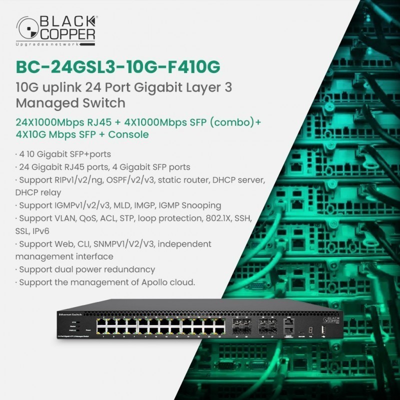 BlackCopper BC-24GSL3-10G-F410G 24-Port Gigabit Layer 3 Managed Switch with 4x 10G SFP+ Uplinks