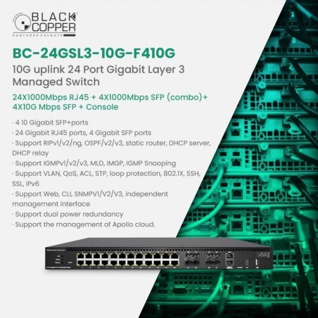 BlackCopper BC-24GSL3-10G-F410G 24-Port Gigabit Layer 3 Managed Switch with 4x 10G SFP+ Uplinks