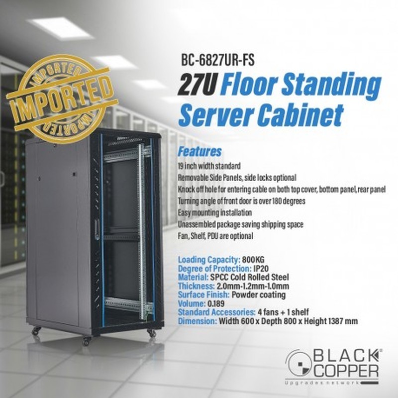 BlackCopper BC-6827UR-FS 27U Free Standing Server Rack Cabinet, 600 x 800 x 1387mm, 4 Fans & Shelf
