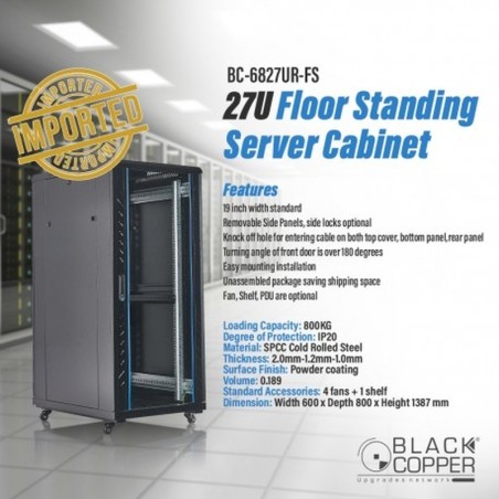 BlackCopper BC-6827UR-FS 27U Free Standing Server Rack Cabinet, 600 x 800 x 1387mm, 4 Fans & Shelf