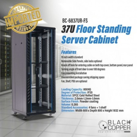 BlackCopper BC-6837UR-FS 37U Free Standing Server Rack Cabinet, 600 x 800 x 1832mm, 4 Fans & Shelf