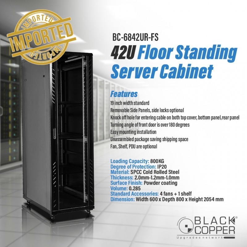 BlackCopper BC-6842UR-FS 42U Free Standing Server Rack Cabinet, 600 x 800 x 2055mm, 4 Fans & Shelf