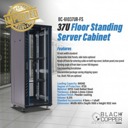 BlackCopper BC-61037UR-FS 37U Free Standing Server Rack Cabinet, 600 x 1000 x 1832mm, 4 Fans & Shelf