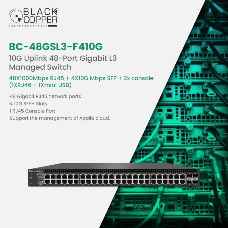 BlackCopper BC-48GSL3-F410G 48-Port Gigabit Layer 3 Managed Switch with 4x 10G SFP+ Uplinks