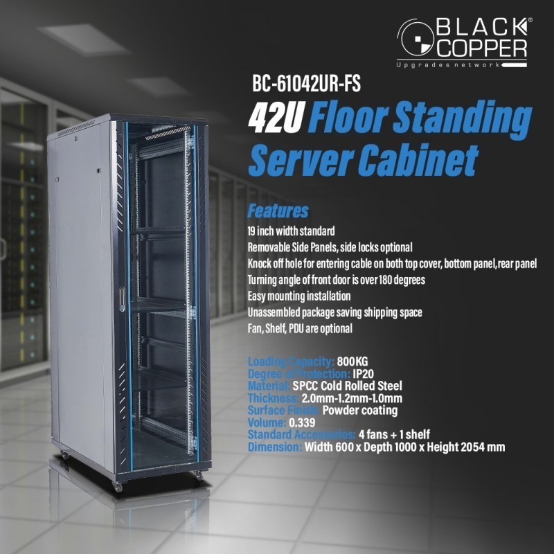 BlackCopper BC-61042UR-FS 42U Free Standing Server Rack Cabinet, 600 x 1000 x 2055mm, 4 Fans & Shelf