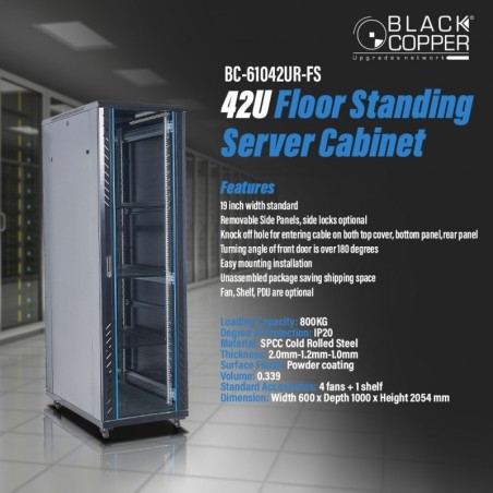 BlackCopper BC-61042UR-FS 42U Free Standing Server Rack Cabinet, 600 x 1000 x 2055mm, 4 Fans & Shelf