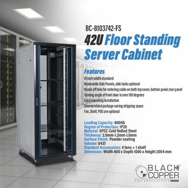 BlackCopper BC-81037UR-FS 37U Free Standing Server Rack Cabinet, 800 x 1000 x 1832mm, 4 Fans & Shelf