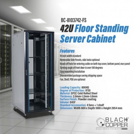 BlackCopper BC-81037UR-FS 37U Free Standing Server Rack Cabinet, 800 x 1000 x 1832mm, 4 Fans & Shelf