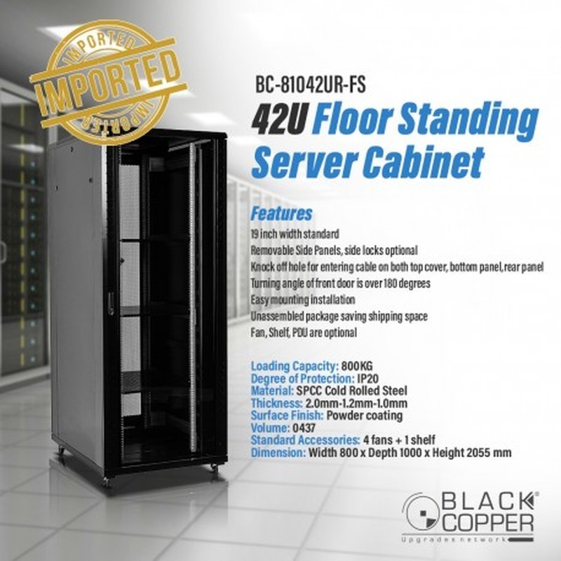 BlackCopper BC-81042UR-FS 42U Free Standing Server Rack Cabinet, 800 x 1000 x 2055mm, 4 Fans & Shelf