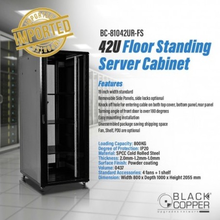 BlackCopper BC-81042UR-FS 42U Free Standing Server Rack Cabinet, 800 x 1000 x 2055mm, 4 Fans & Shelf