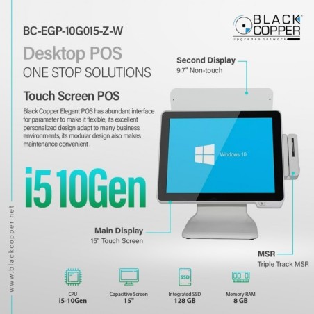 BlackCopper BC-EGP-10G015-Z-W 15" True Flat Touch POS, Core i5 10th Gen, 9.7" Customer Display, White