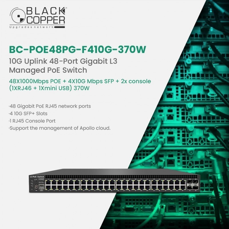 BlackCopper BC-POE48PG-F410G-370W 48-Port Gigabit PoE Managed Switch with 4x 10G SFP+ Uplinks, 370W