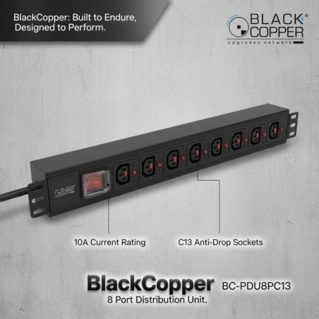 BlackCopper BCPDU8PC13 8-Way C13 Rack Mount PDU with Master Switch, 19" 1U