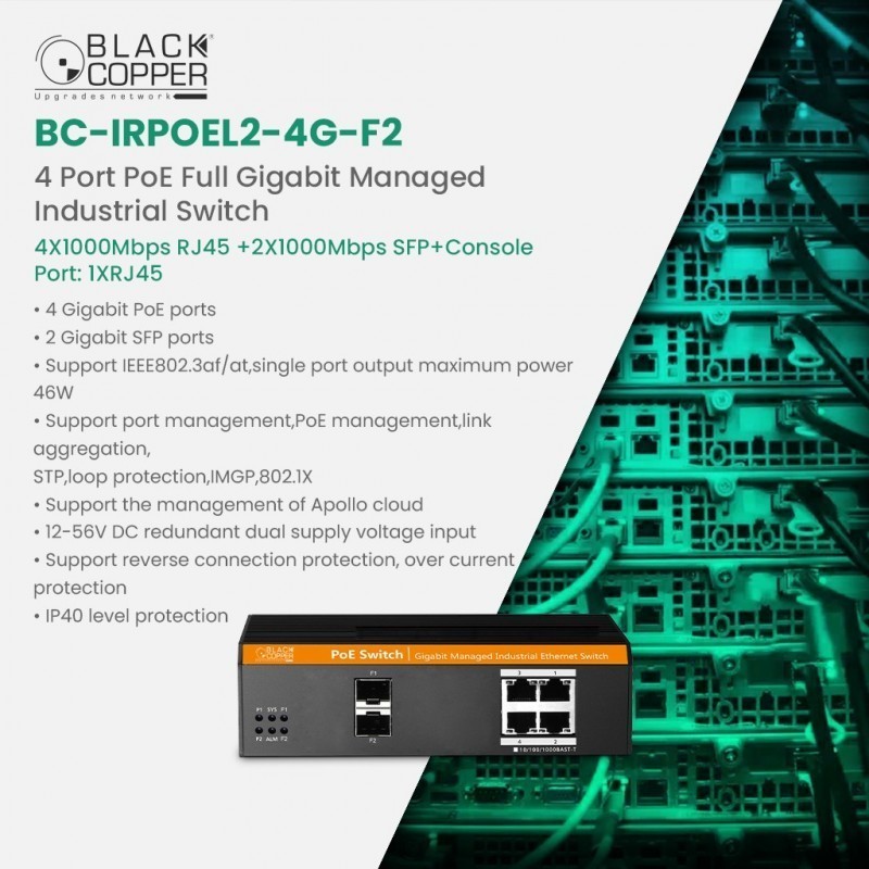 BlackCopper BC-IRPOEL2-4G-F2 4-Port Gigabit Industrial Layer 2 Managed PoE Switch with 2 SFP