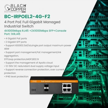 BlackCopper BC-IRPOEL2-4G-F2 4-Port Gigabit Industrial Layer 2 Managed PoE Switch with 2 SFP