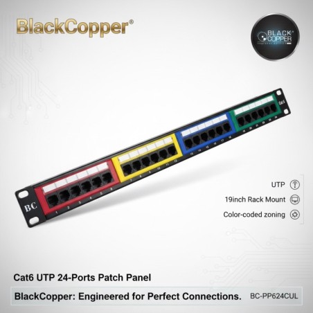 BlackCopper BC-PP624CUL Cat6 UTP 24-Port Patch Panel with Colour-Coded Ports, 19" 1U