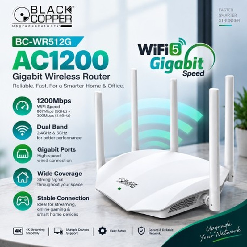 BlackCopper BC-WR512G AC1200 Dual-Band Gigabit WiFi 5 Wireless Router
