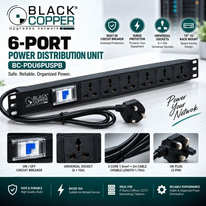 BlackCopper BC-PDU6PUSP 6-Way PDU with Surge & Overload Protection