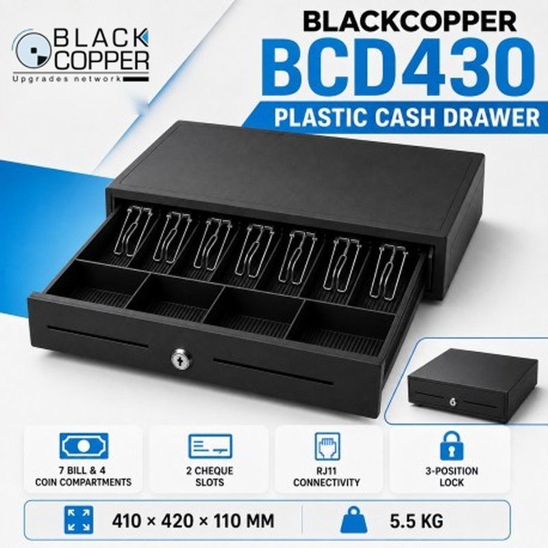 BCD430 Plastic Cash Drawer with RJ11 & 3-Position Lock | BlackCopper