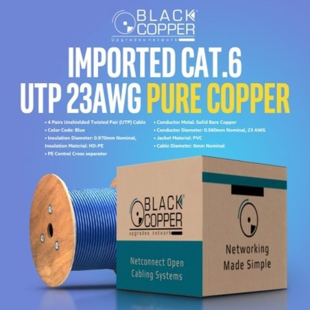 BlackCopper BC-23USLNC6 Cat6 UTP 23AWG Pure Copper Cable, 4-Pair, Blue, 305m