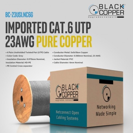 BlackCopper BC-23USLNC6G Cat6 UTP 23AWG Pure Copper Cable, 4-Pair, Grey, 305m