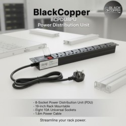 BlackCopper BCPDU8PU 8-Way Rack Mount PDU, 19" 1U, Universal Sockets