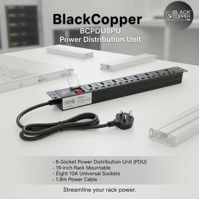BlackCopper BCPDU8PU 8-Way Rack Mount PDU, 19" 1U, Universal Sockets