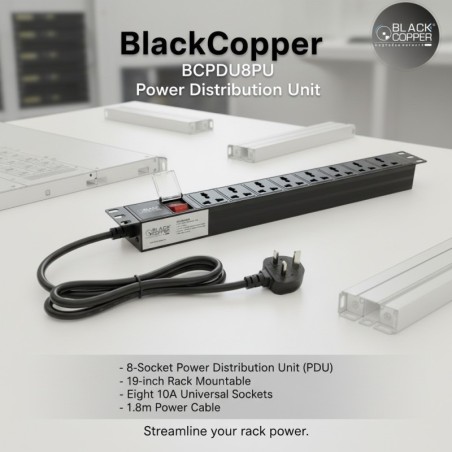 BlackCopper BCPDU8PU 8-Way Rack Mount PDU, 19" 1U, Universal Sockets