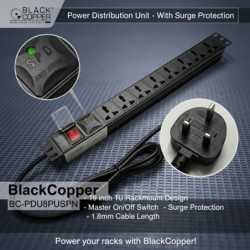 BlackCopper BCPDU8P-USPN 8-Way Rack Mount PDU with Surge Protection, 19" 1U