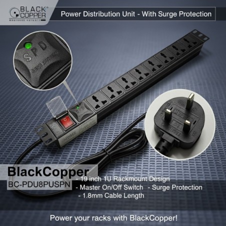 BlackCopper BCPDU8P-USPN 8-Way Rack Mount PDU with Surge Protection, 19" 1U